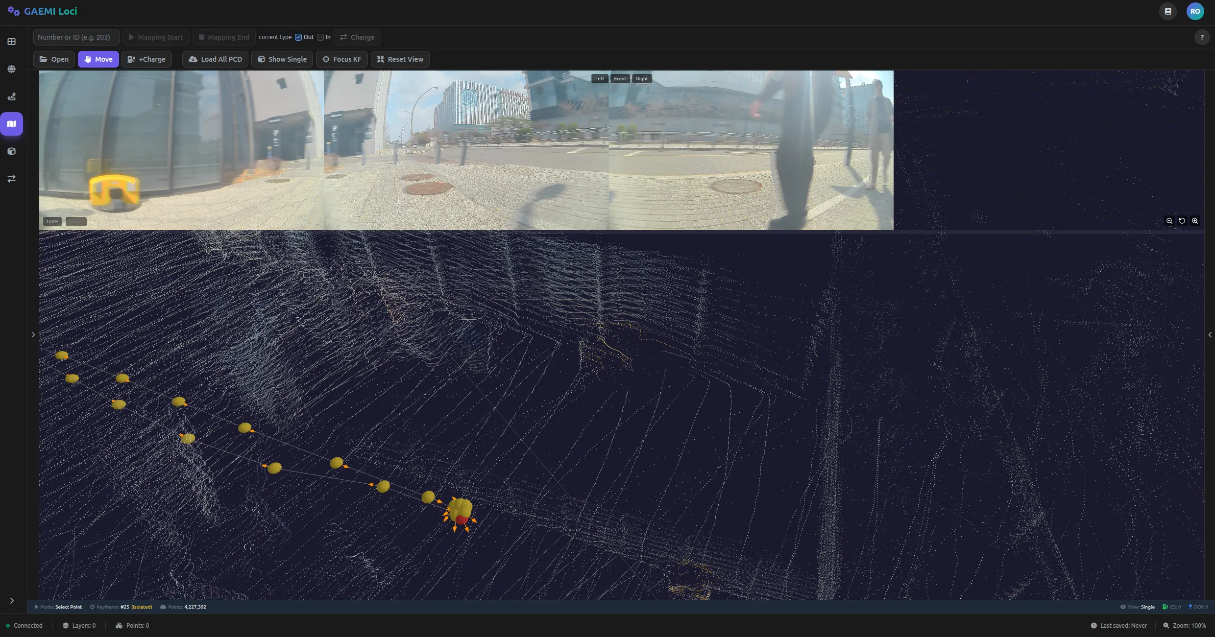 전체 포인트클라우드에서 충전 스테이션 위치를 탐색하는 화면 — 마우스 드래그로 회전, 스크롤로 줌