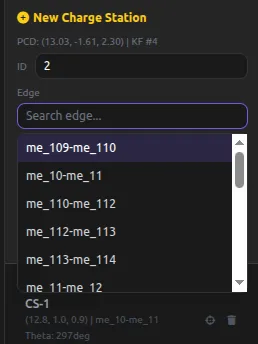 충전 스테이션이 설치된 Edge(경로 구간)를 선택하는 화면