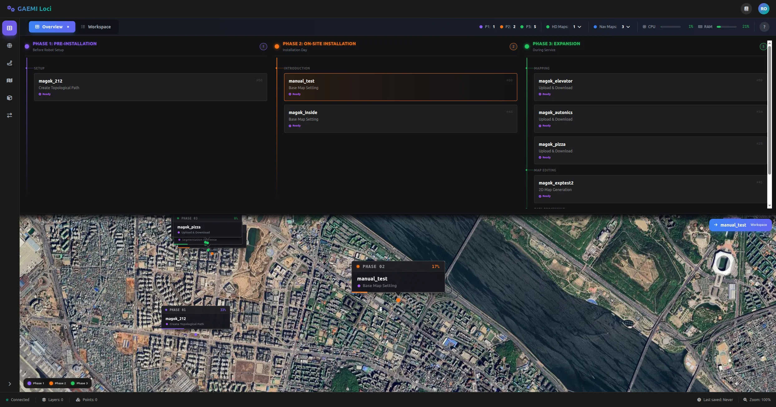 Overview 탭에서 Job 선택 시 — 해당 지역으로 지도가 확대되고 Workspace 이동 버튼이 표시됨