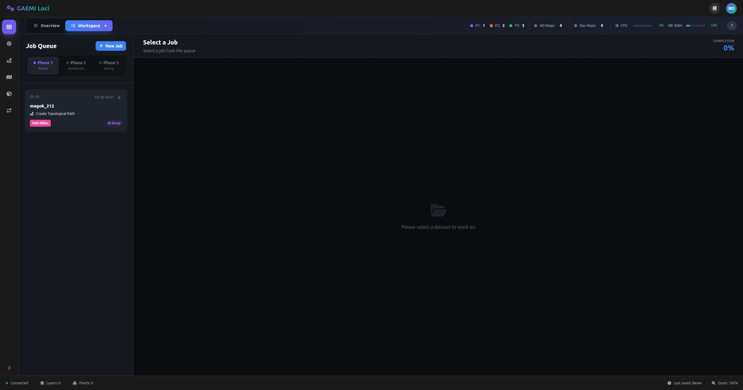 Workspace Phase 1 Job 미선택 — 좌측에 Job Queue와 New Job 버튼, 우측에 Select a Job 안내 메시지