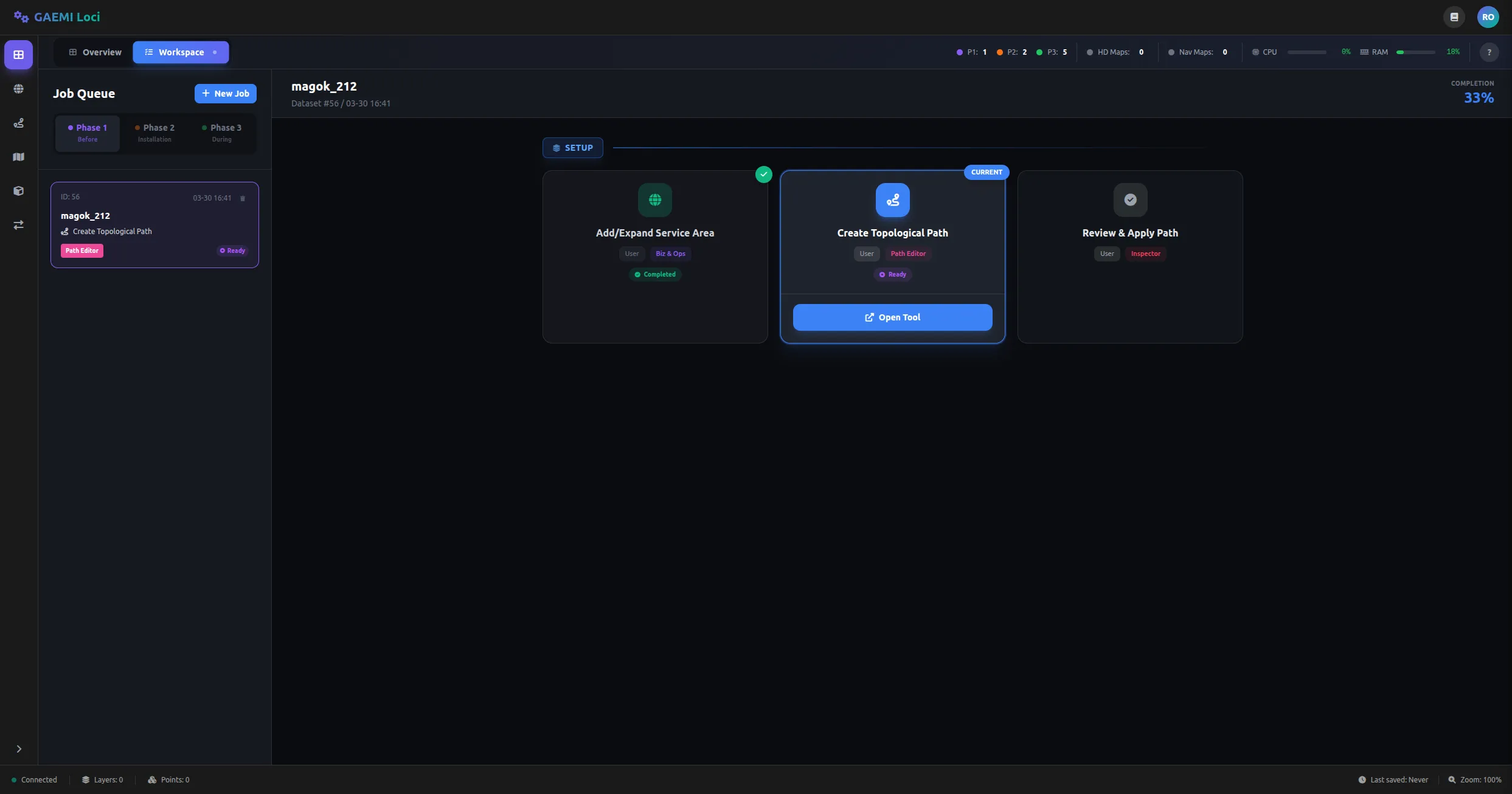 Workspace Phase 1 Job 선택 시 — 3개 Step 카드: Add/Expand Service Area, Create Topological Path, Review & Apply Path