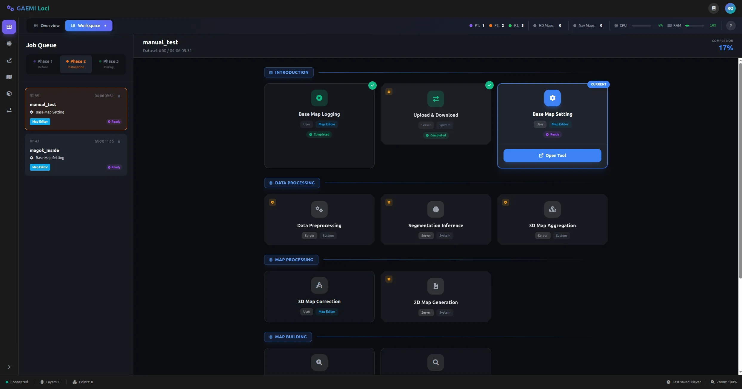 Workspace Phase 2 — Introduction, Data Processing, Map Processing, Map Building 4개 그룹으로 Step 카드가 분류됨