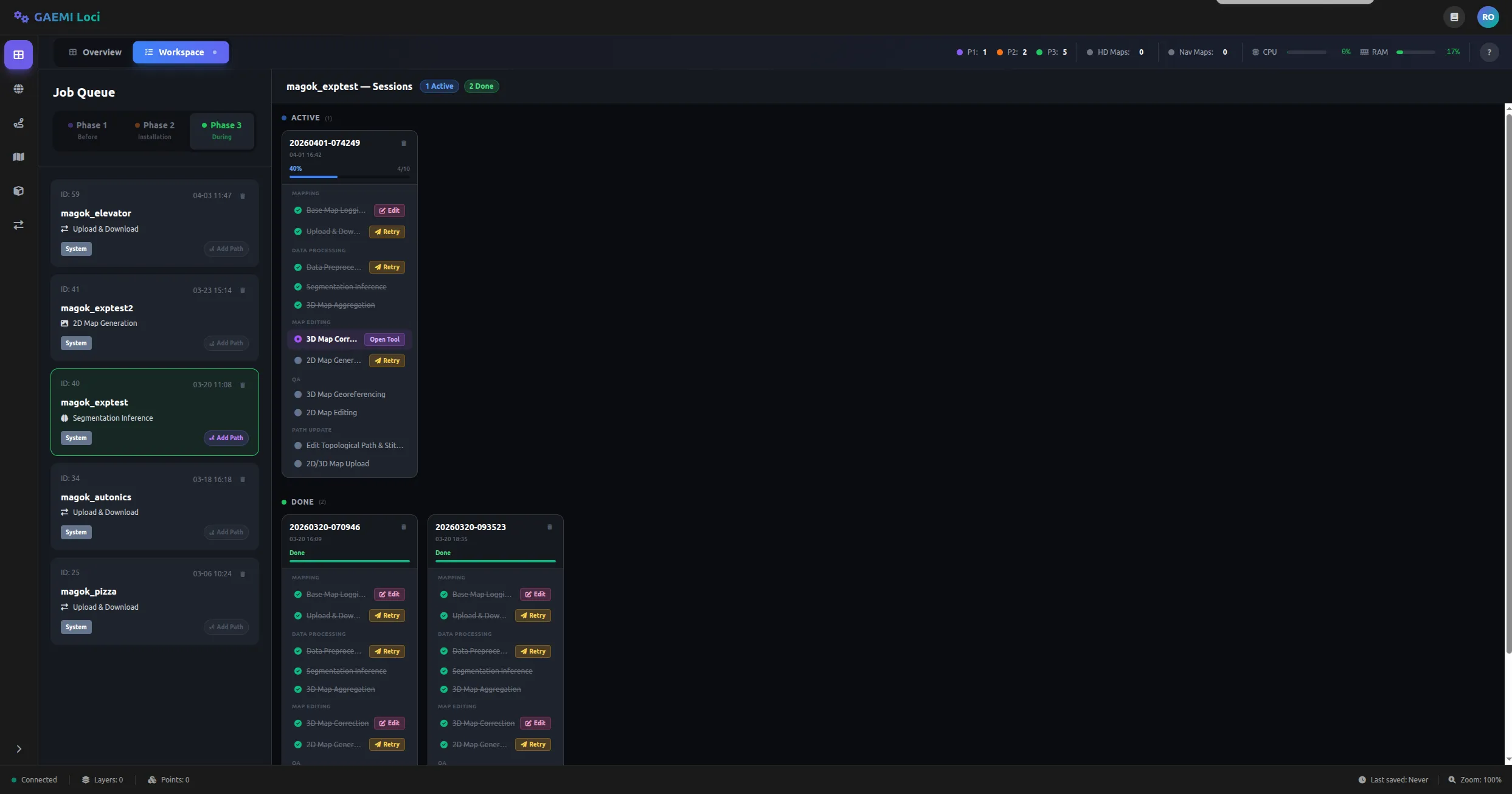 Workspace Phase 3 — Active 섹션에 진행 중인 세션 카드, Done 섹션에 완료된 세션 카드가 표시됨