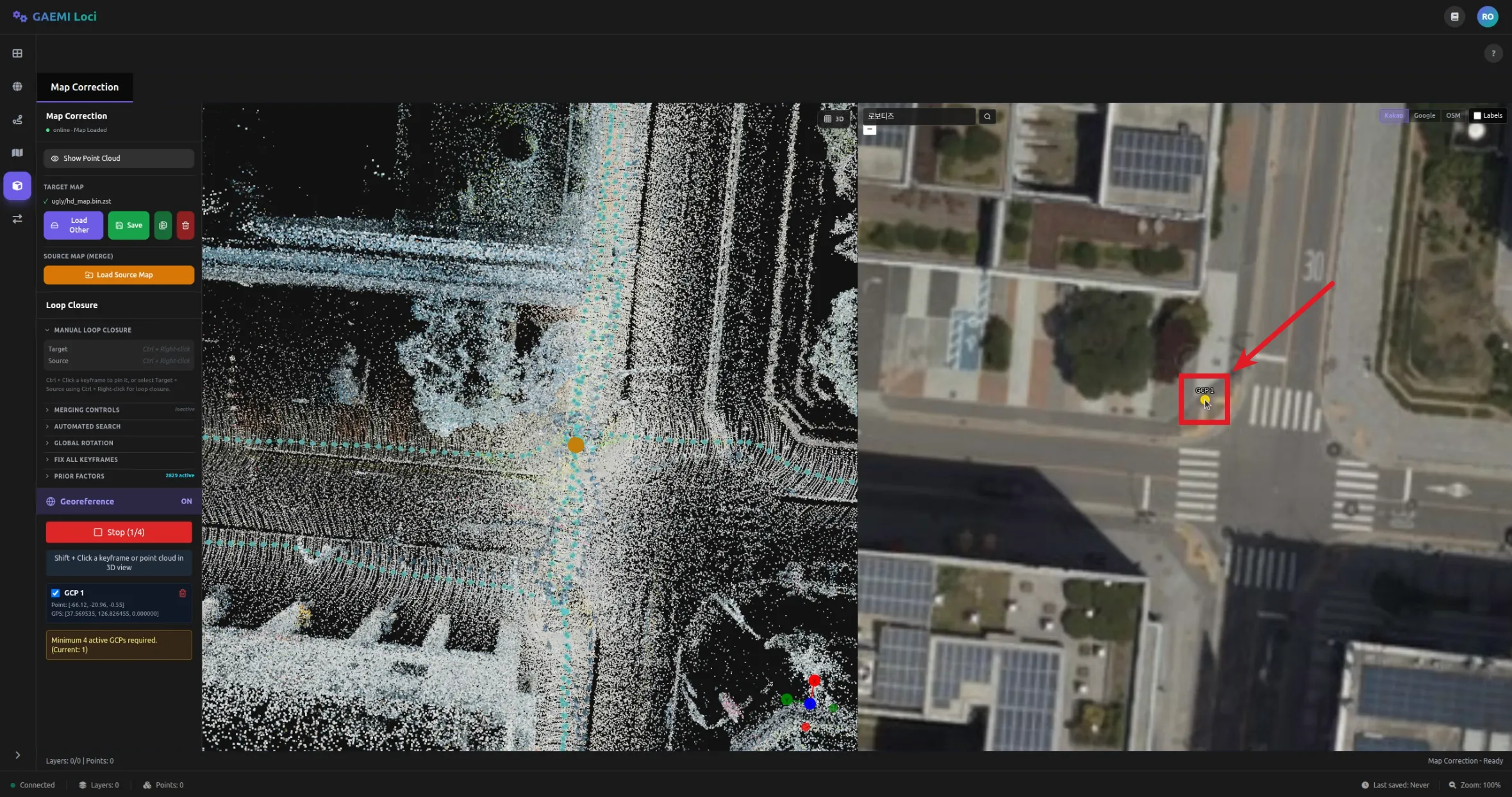 위성 지도에서 동일 지점의 GPS 좌표 선택