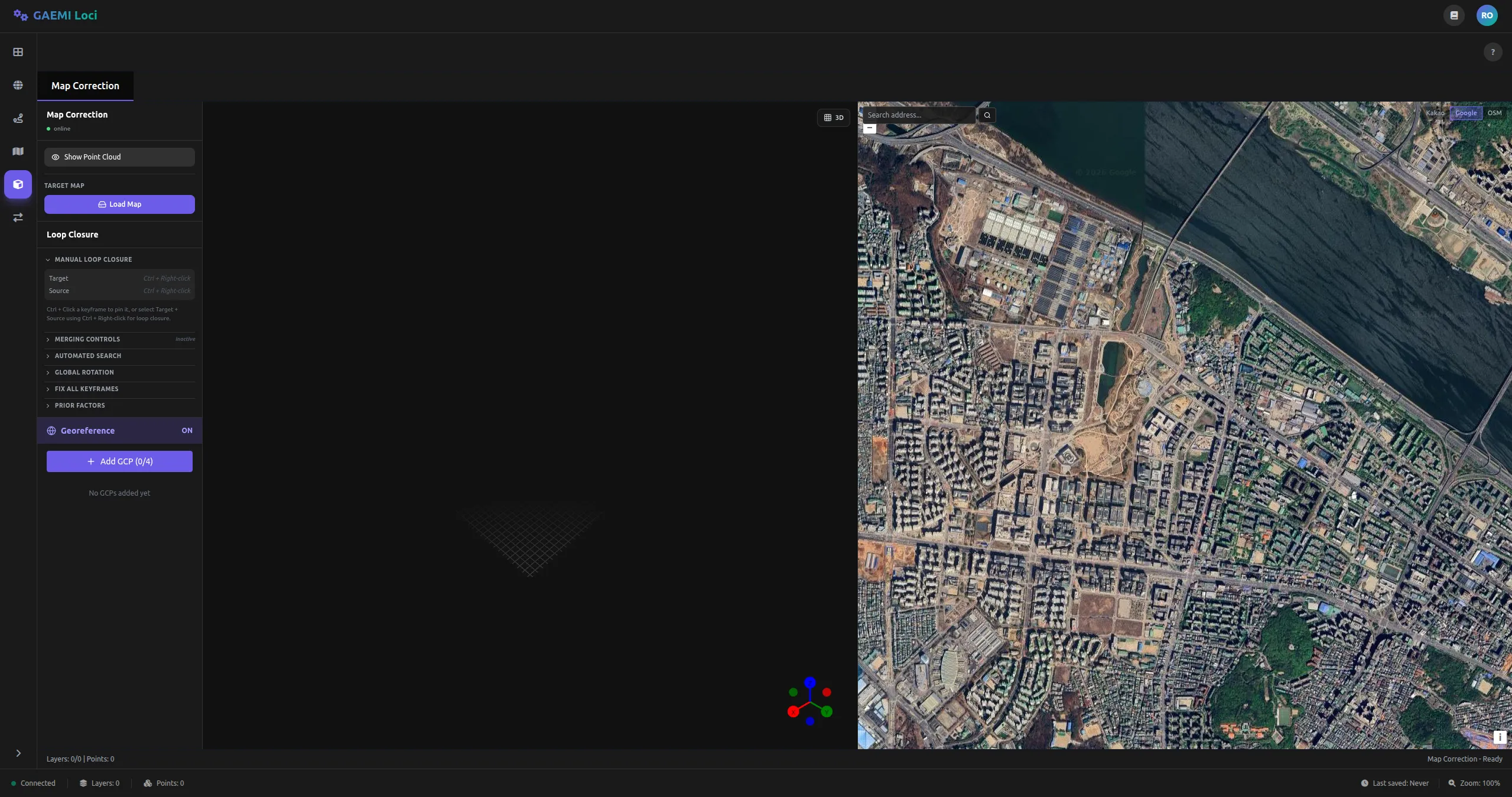 지오레퍼런싱 — 3D 뷰포트와 위성 지도 분할 화면