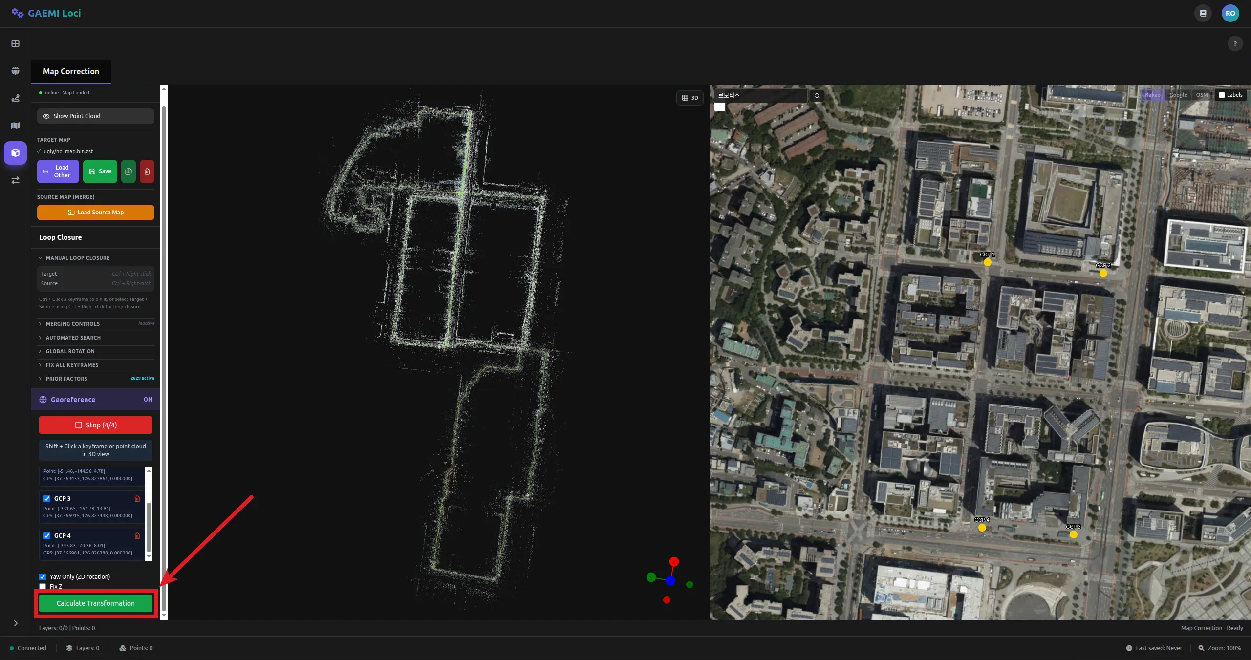 Calculate Transformation 버튼과 변환 옵션