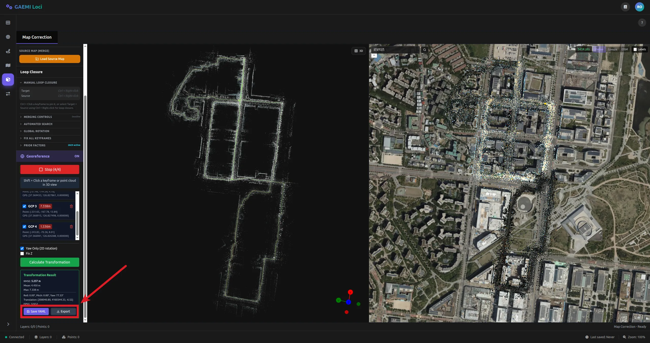 변환 결과 확인 및 Save YAML / Export 버튼