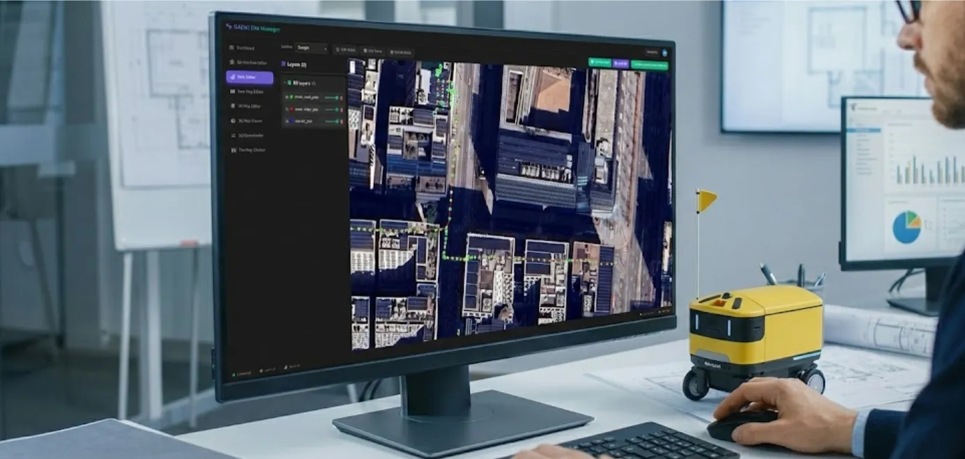Phase 1 — 위성 지도에서 서비스 구역을 설정하고 로봇 주행 경로를 표시하는 모습