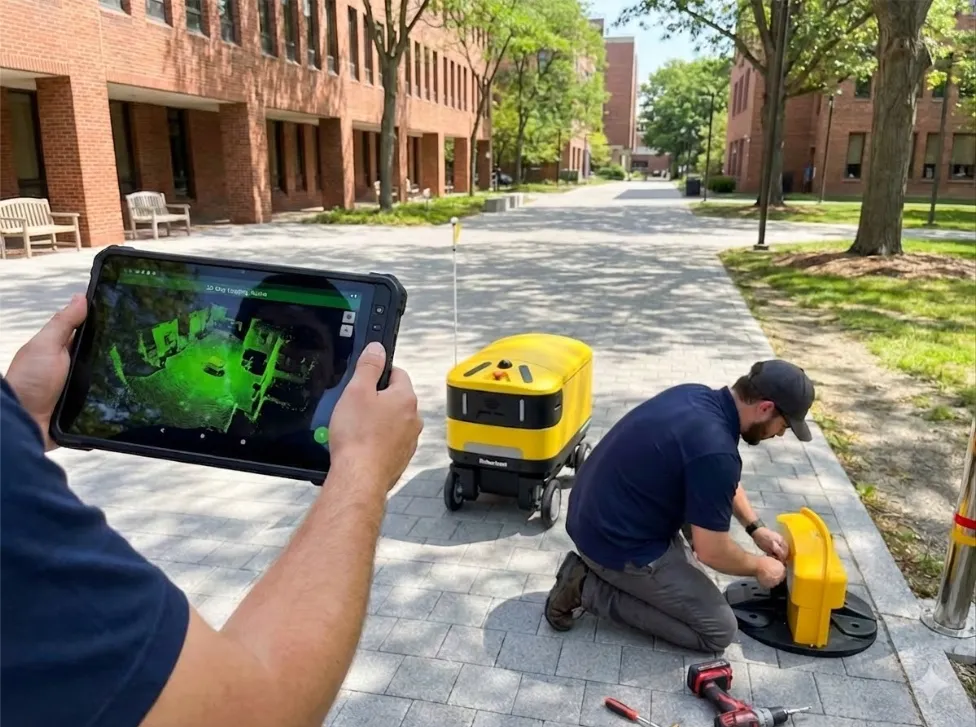 Phase 2 — 현장에서 충전 스테이션을 설정하고 로봇으로 매핑 데이터를 수집하는 모습