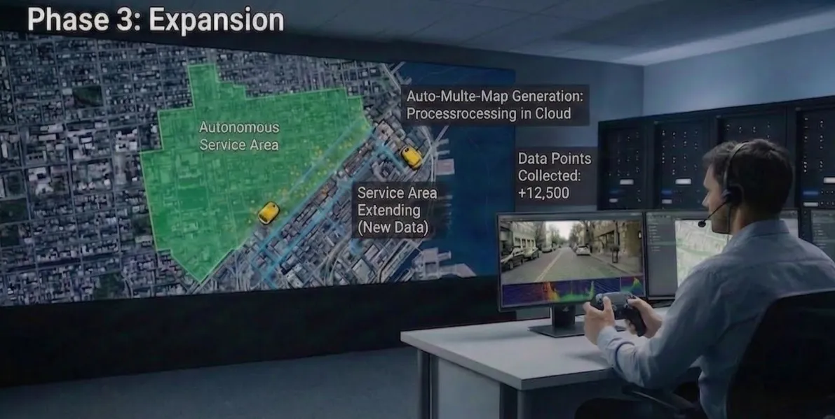Phase 3 — 맵 편집 및 관제 화면에서 자율주행 상태를 확인하고 맵을 확장하는 모습