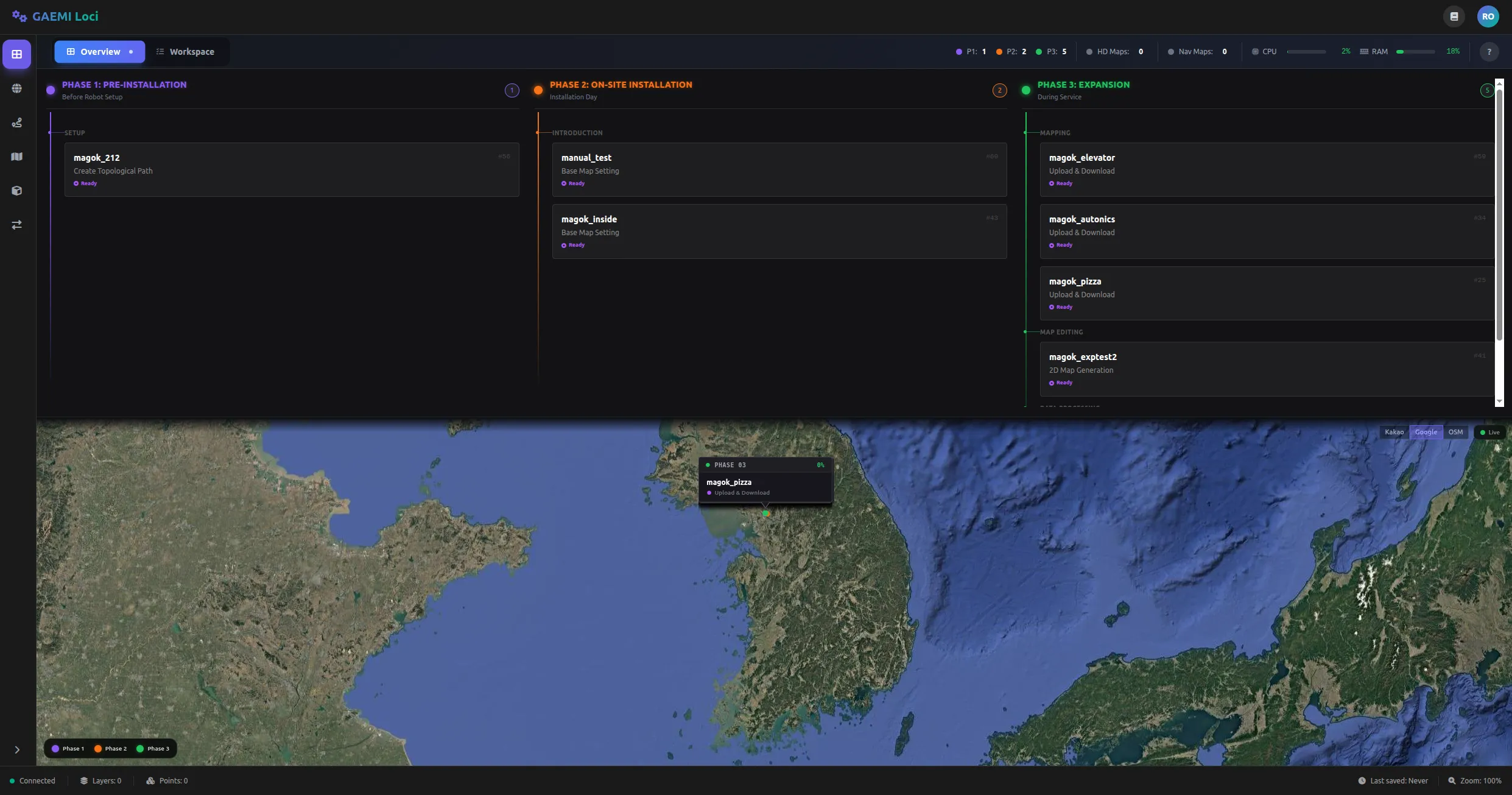 GAEMI Loci 대시보드 전체 화면 — 상단에 Phase별 Job 목록, 하단에 세계 지도 위 Job 마커 표시