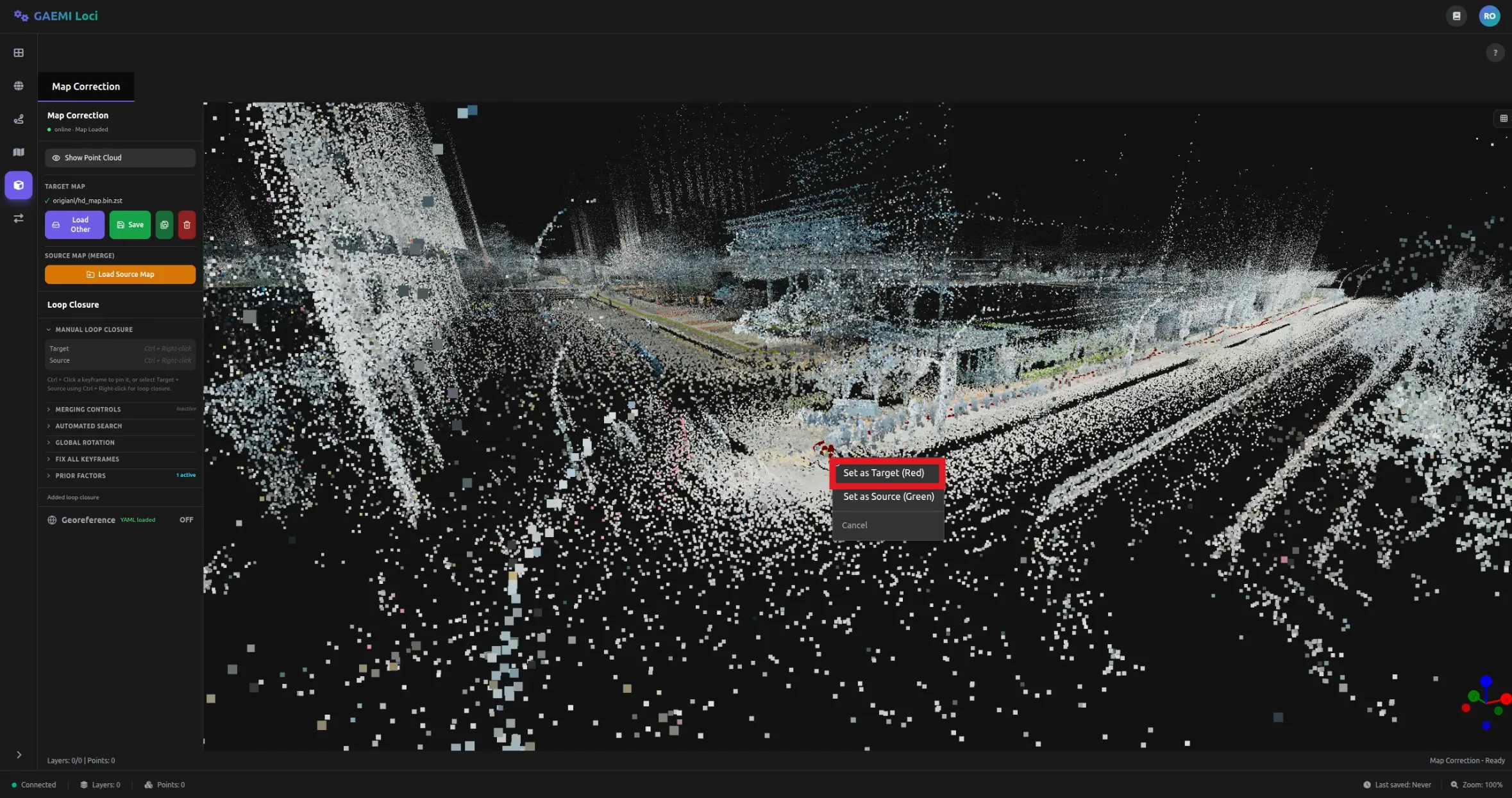 Set as Target — Ctrl+우클릭으로 컨텍스트 메뉴를 열고 Set as Target (Red) 선택