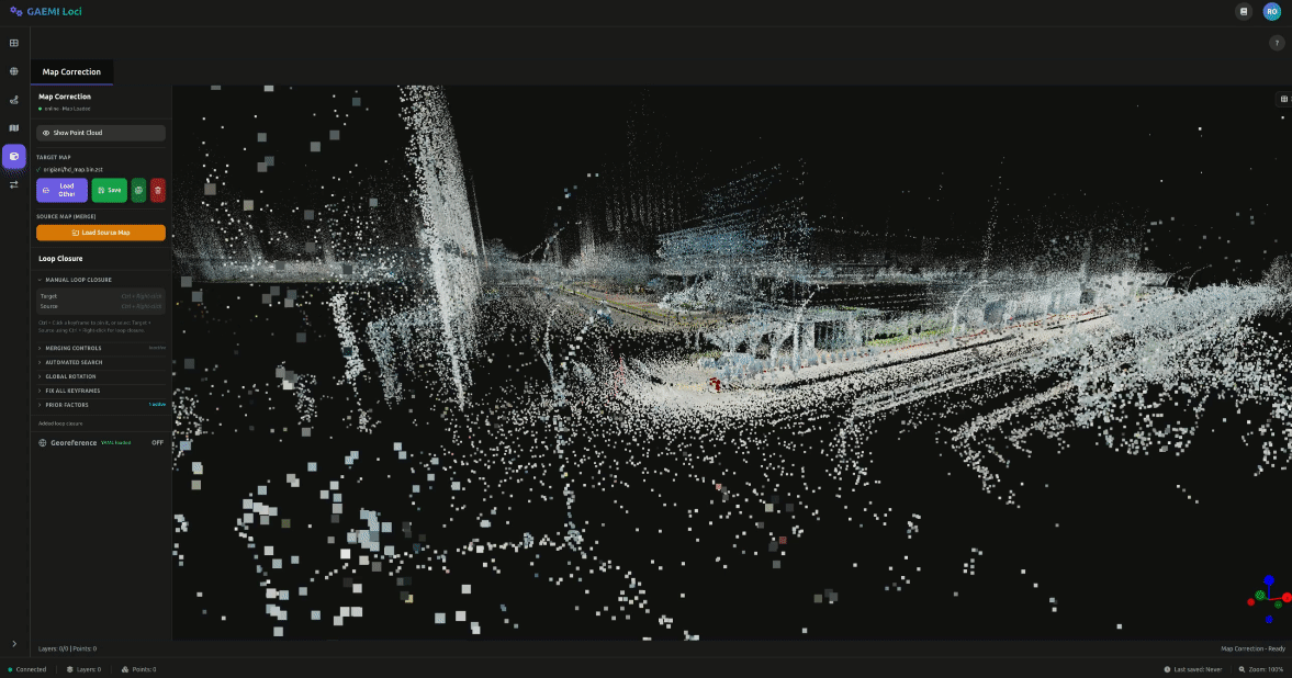 수동 루프 클로저 — 타겟/소스 키프레임 선택 후 기즈모로 포즈 정렬 중인 모습