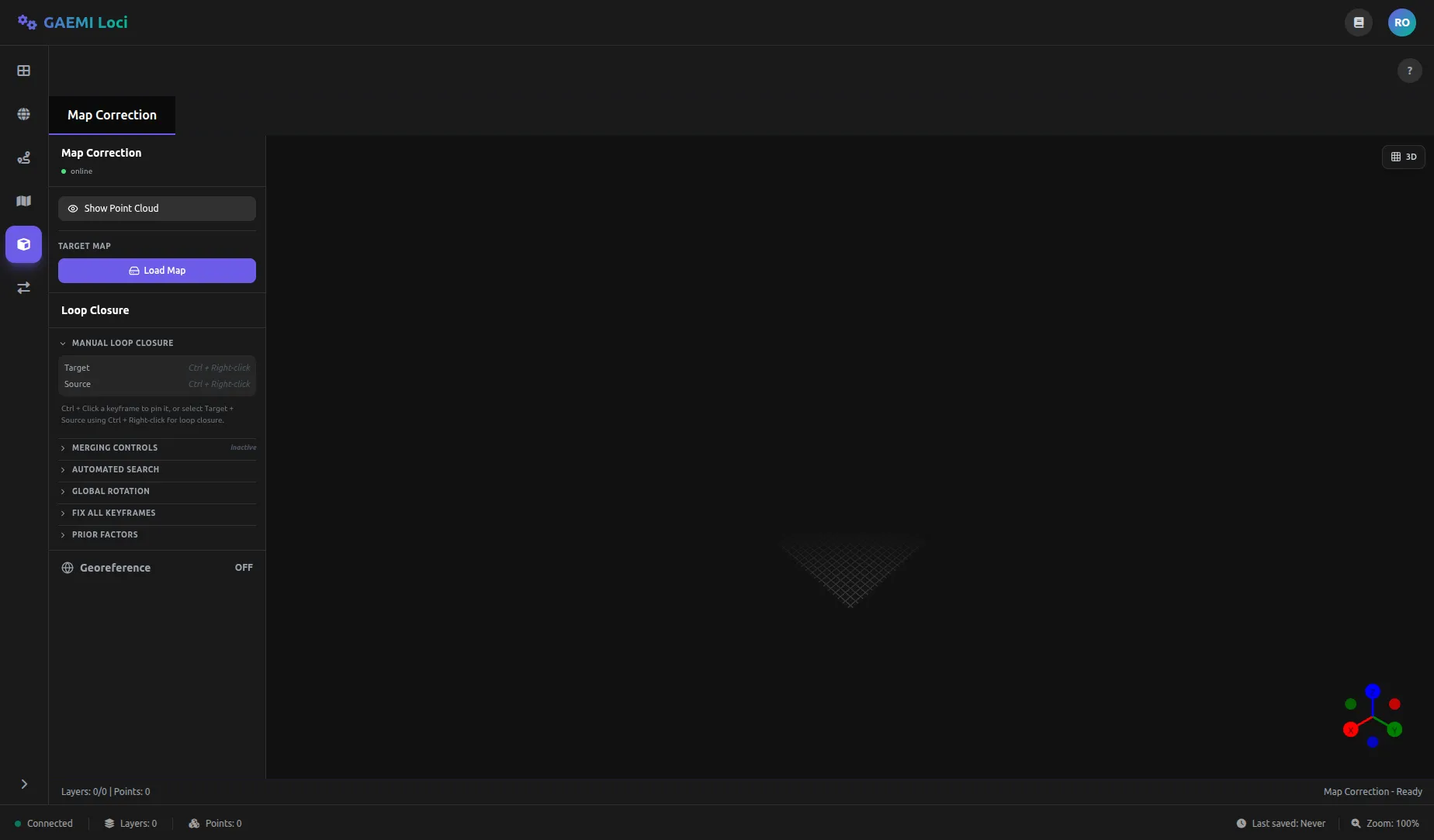 맵 보정 에디터 전체 화면 — 좌측 MapControls 패널, 중앙 3D 뷰포트