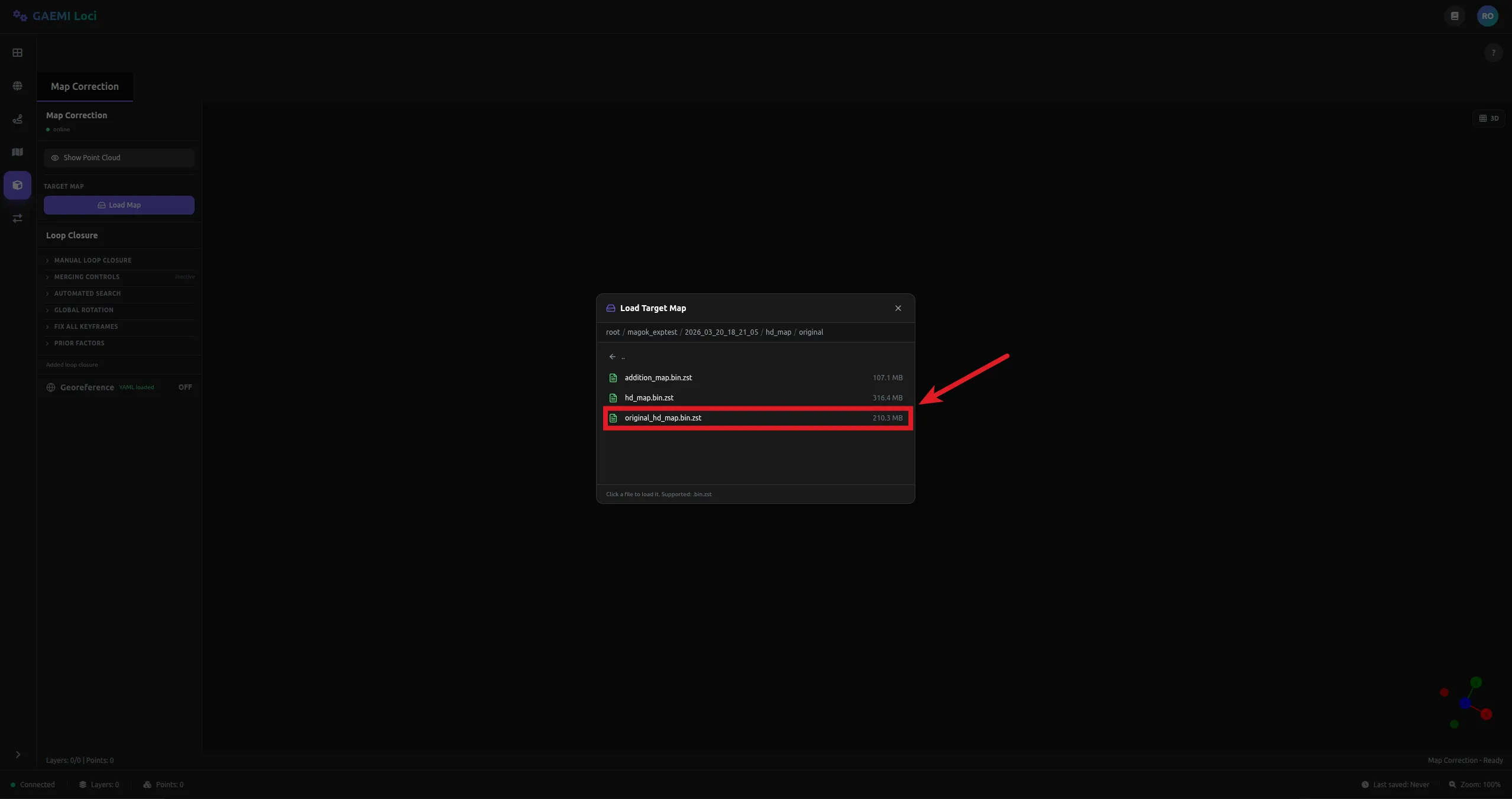 Load Target Map 다이얼로그 — original_hd_map.bin.zst 파일 선택