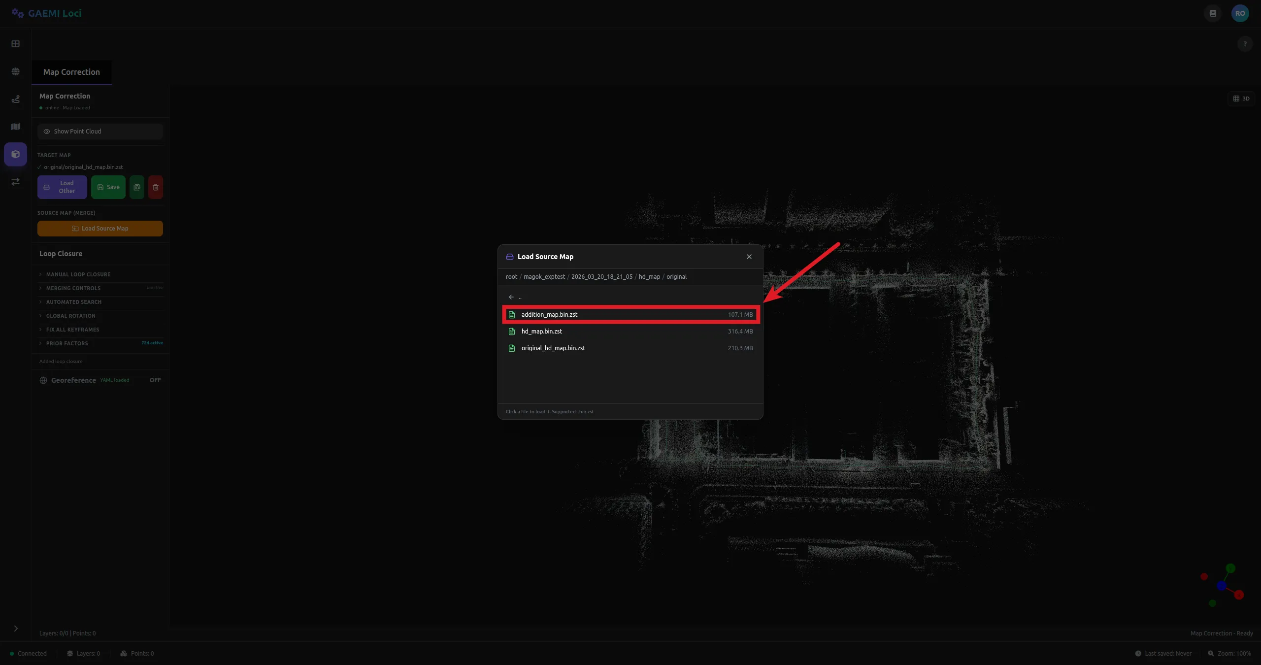 Load Source Map 다이얼로그 — addition_map.bin.zst 파일 선택