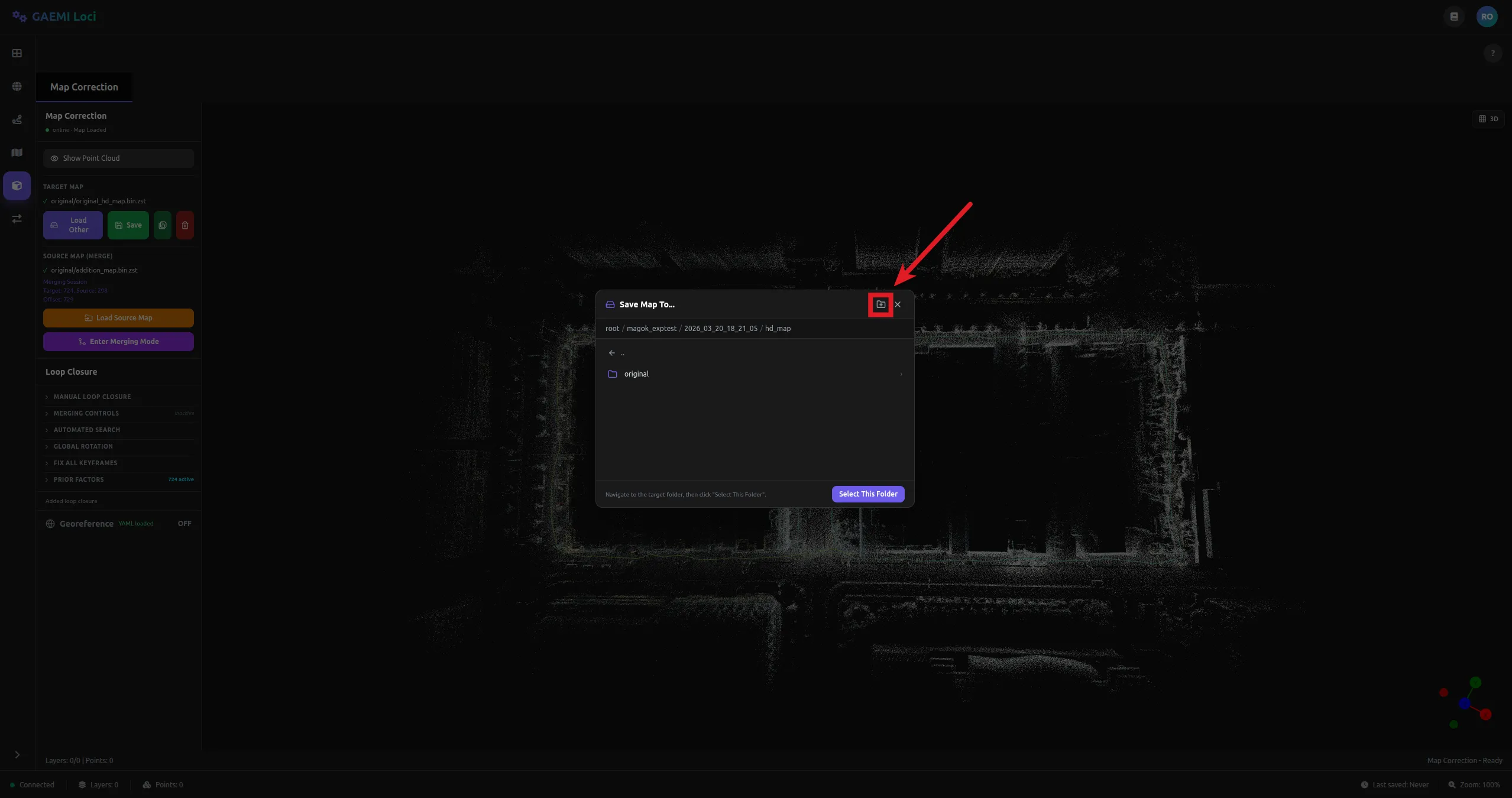 Save Map To 다이얼로그 — hd_map 경로에서 폴더 생성 버튼 클릭