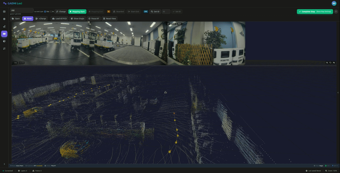 매핑 진행 중 실시간으로 포인트클라우드가 생성되는 모습