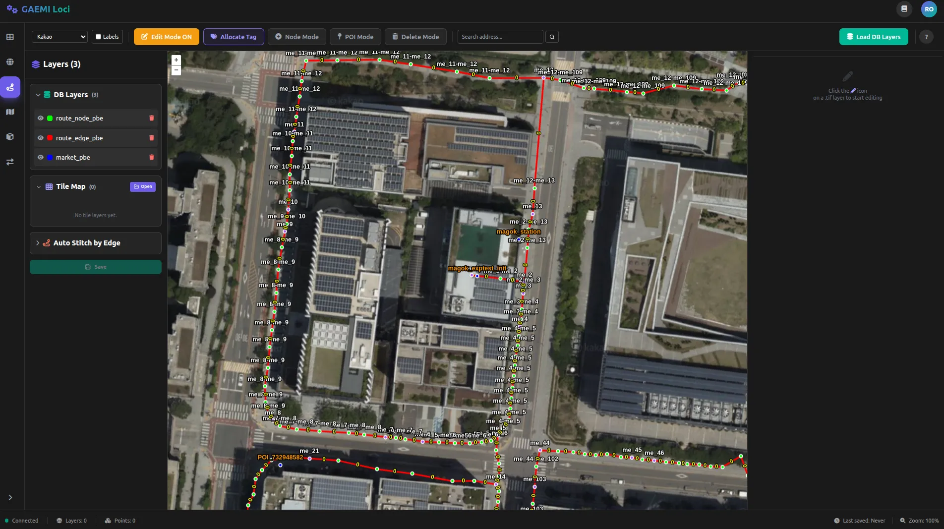 DB 레이어 패널 — route_node, route_edge, market 레이어 목록