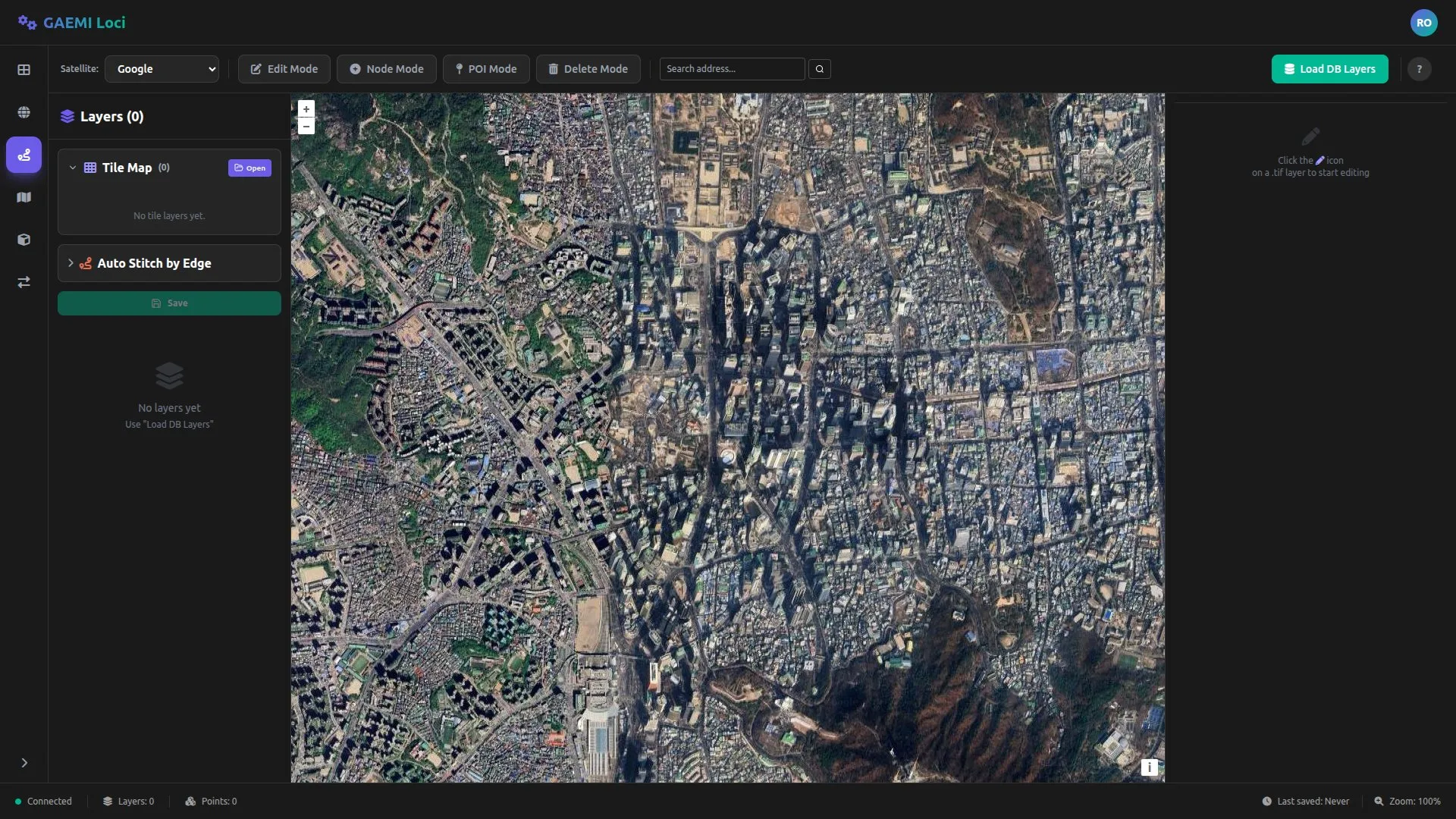 내비게이션 에디터 전체 화면 — 좌측 레이어 패널, 중앙 지도, 우측 속성 패널