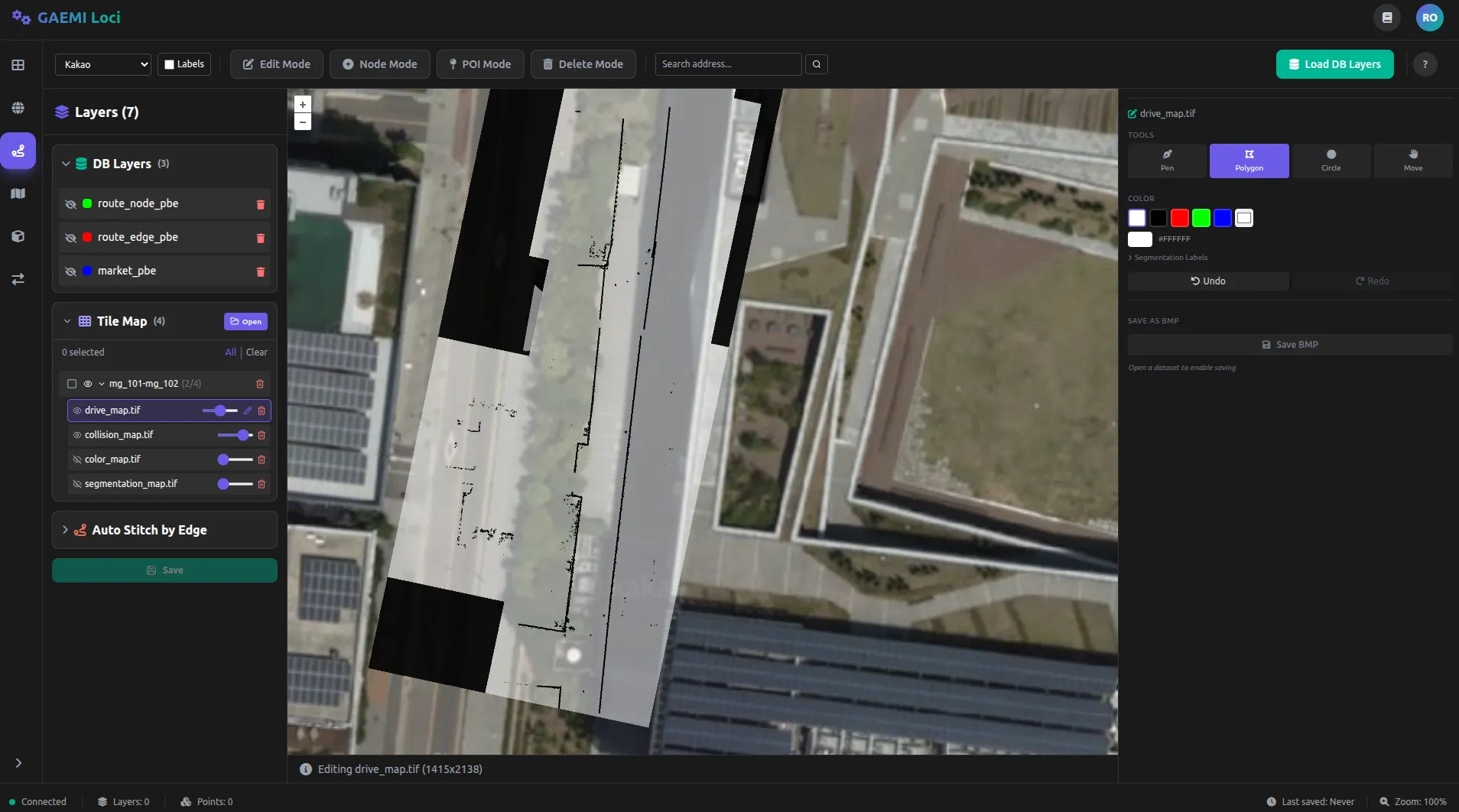 내비게이션 에디터 전체 화면 — 좌측 레이어 패널, 중앙 지도, 우측 편집 패널