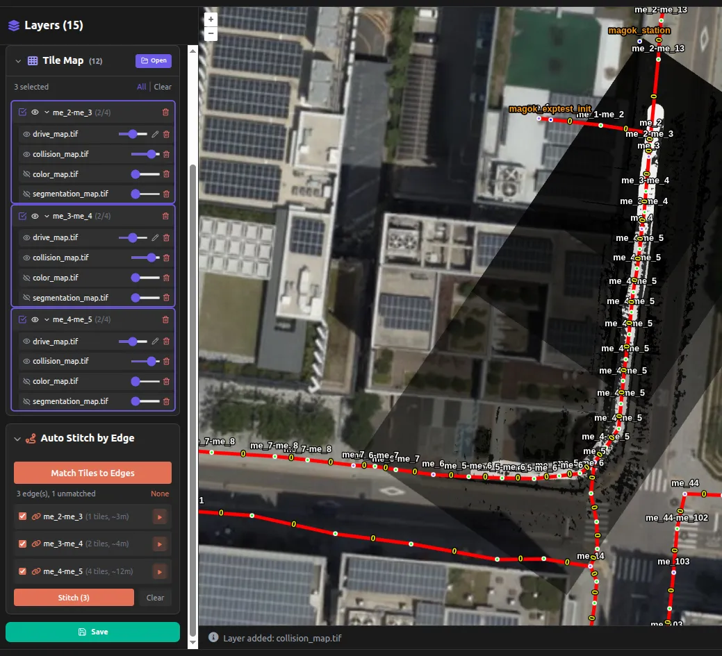 3단계 — 스티칭 실행 후 결과 GeoTIFF가 레이어에 추가된 화면