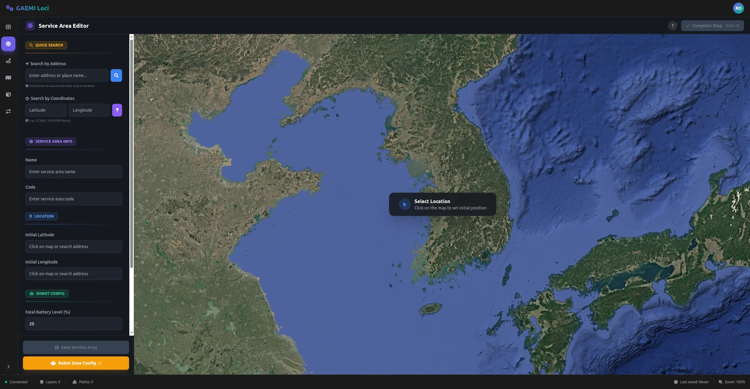 Service Area Editor 전체 화면 — 좌측 입력 폼, 우측 위성 지도